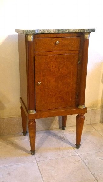 French Inlaid Bedside cabinet with shaped marble top.