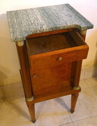 Antique French Inlaid Bedside cabinet with shaped marble top.