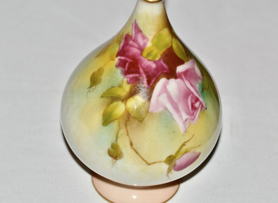 Antique 913 Royal Worcester Hadley Porcelain Vase - Painted with Pink and Red Roses