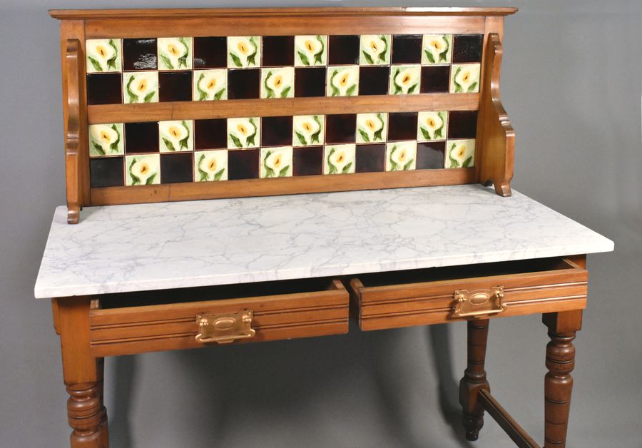 Antique Edwardian Tile Back Marble Top Washstand in Birch