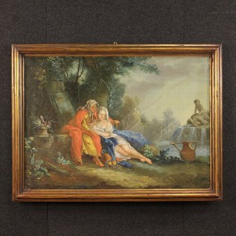Antique French landscape painting with characters of the 18th century