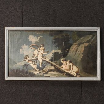 Antique Italian painting landscape with little angels' game of the 18th century