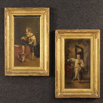 Antique pair of French interior scene paintings from 19th century