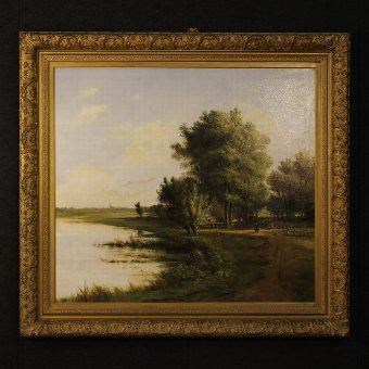 Antique Flemish landscape painting of the 19th century