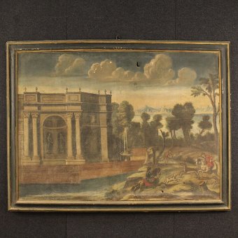 Antique Italian painting landscape with architecture of the 18th century