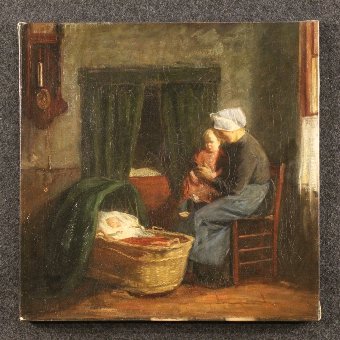 Dutch painting interior scene with children of the 19th century