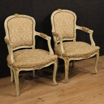 Pair of lacquered and gilded Italian armchairs with damask fabric