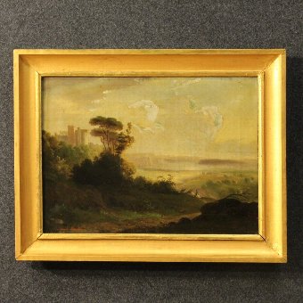 Antique painting Landscape with castle and knight from 19th century