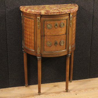 Small French inlaid demi lune commode with marble top
