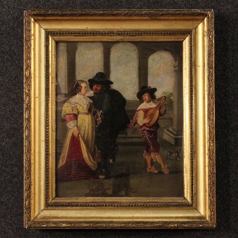 Antique French painting gallant scene with musician from 19th century