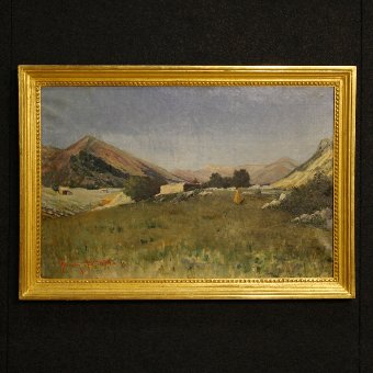 Antique Italian painting landscape with hunter dated 1899