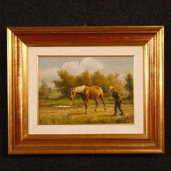 Italian signed painting landscape with horse and farmer