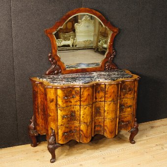 Italian chest of drawers with mirror in walnut and burl walnut