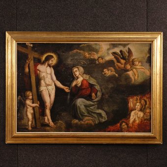 Antique religious painting Christ with Madonna and angels of the 18th century
