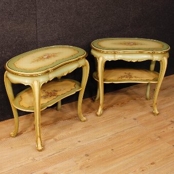 Pair of lacquered, golden and painted Italian bedside tables
