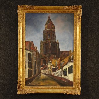 Dutch signed painting View of cathedral