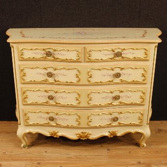 Antique Italian lacquered, gilded and painted chest of drawers with 5 drawers