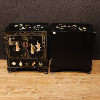 Antique Pair of French bedside tables in lacquered and painted chinoiserie wood