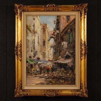 Italian signed painting Neapolitan market oil on canvas