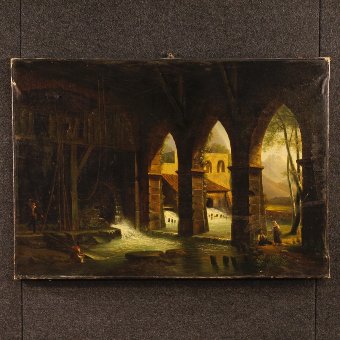 Antique French painting landscape with watermill and figures from 19th century