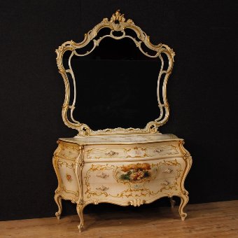 Venetian dresser with mirror in lacquered, gilded and painted wood