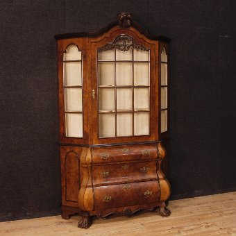 Dutch showcase in walnut, burl walnut, mahogany and oak