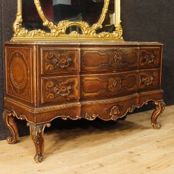 Antique Italian dresser with mirror in lacquered and gilded wood