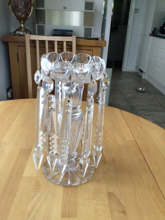 Antique Victorian clear glass Candlestick with Ten cut glass lustres