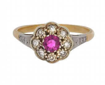 Antique Edwardian 18ct Gold 0.30ct Ruby & Diamond Cluster Ring