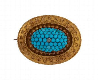 Antique Georgian 15ct Gold Turquoise & Diamond Brooch