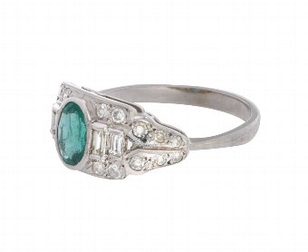 Antique Vintage Art Deco 18ct White Gold 0.64ct Emerald & Diamond Cocktail Ring