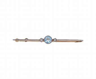 Antique Edwardian 15ct Gold & Platinum Aquamarine & Diamond Bar Brooch