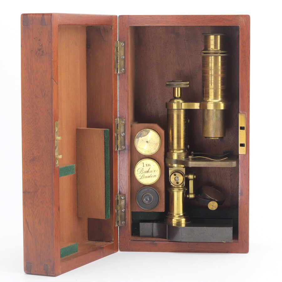 Mahogany Cased Brass Monocular Microscope by Baker of London c1870