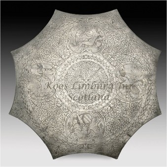 A magnificent and very rare pewter “ Kuchenplatte “with silver quality engraving, marked with the...