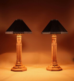 An Exceptional Pair of Arts & Craft Oak and Copper Table Lamps.