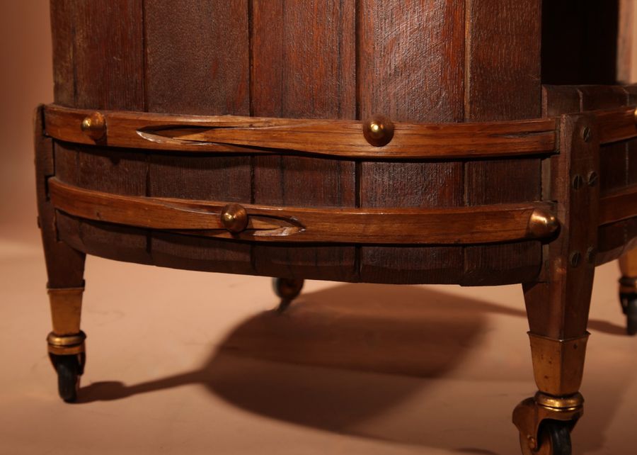 Antique Wine Interest/Chianti Interest. Interesting Set Of a Trolly, Wine Table and a Stool In The Coopered Wine Barrel Style.