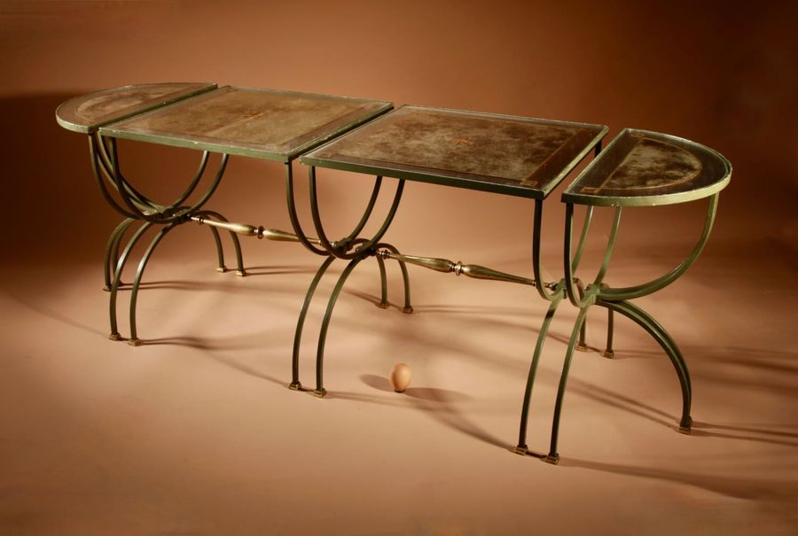 Antique  Exceptional Four Parts Art Deco Wrought Iron, Brass And Original Glass French Coffee Table.