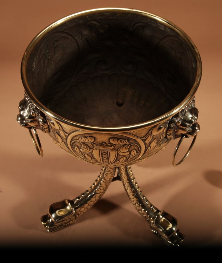 Antique  Dinanderie Embossed And Cast Brass Jardiniere.