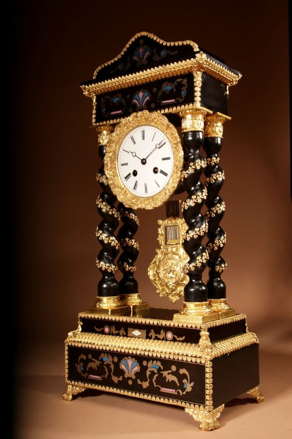 Antique Exceptional Original Boulle Style and Gilded French Portico Clock.