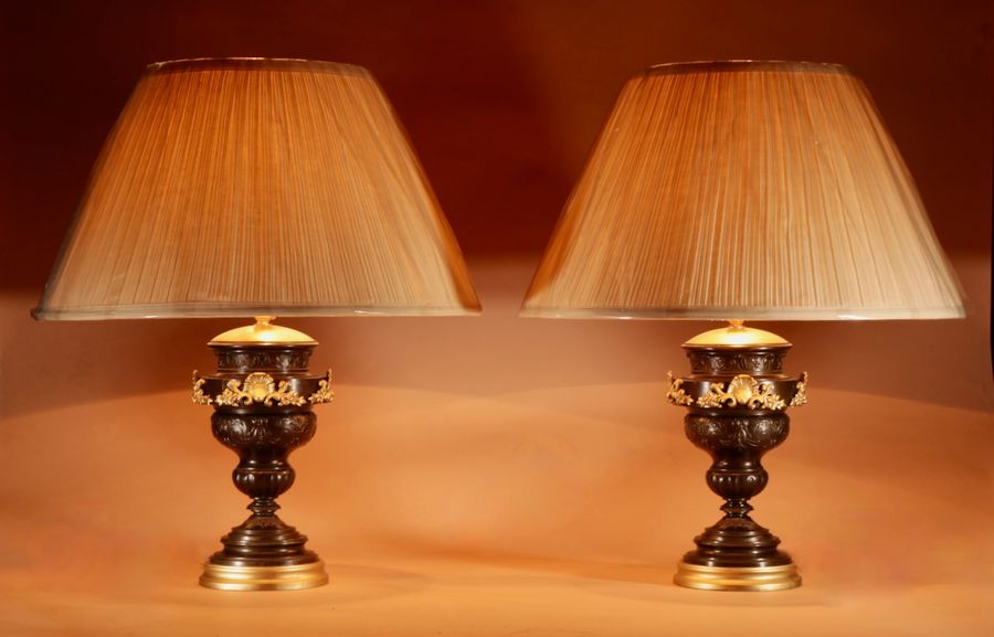 Beautiful Pair of Metal Original Patinated Table Lamps Circa 1900
