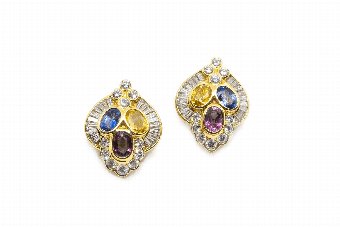 Three Colour Sapphires  Diamonds Earrings