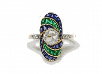 Dutch Rose Cut Diamond, Sapphire  Emerald Ring