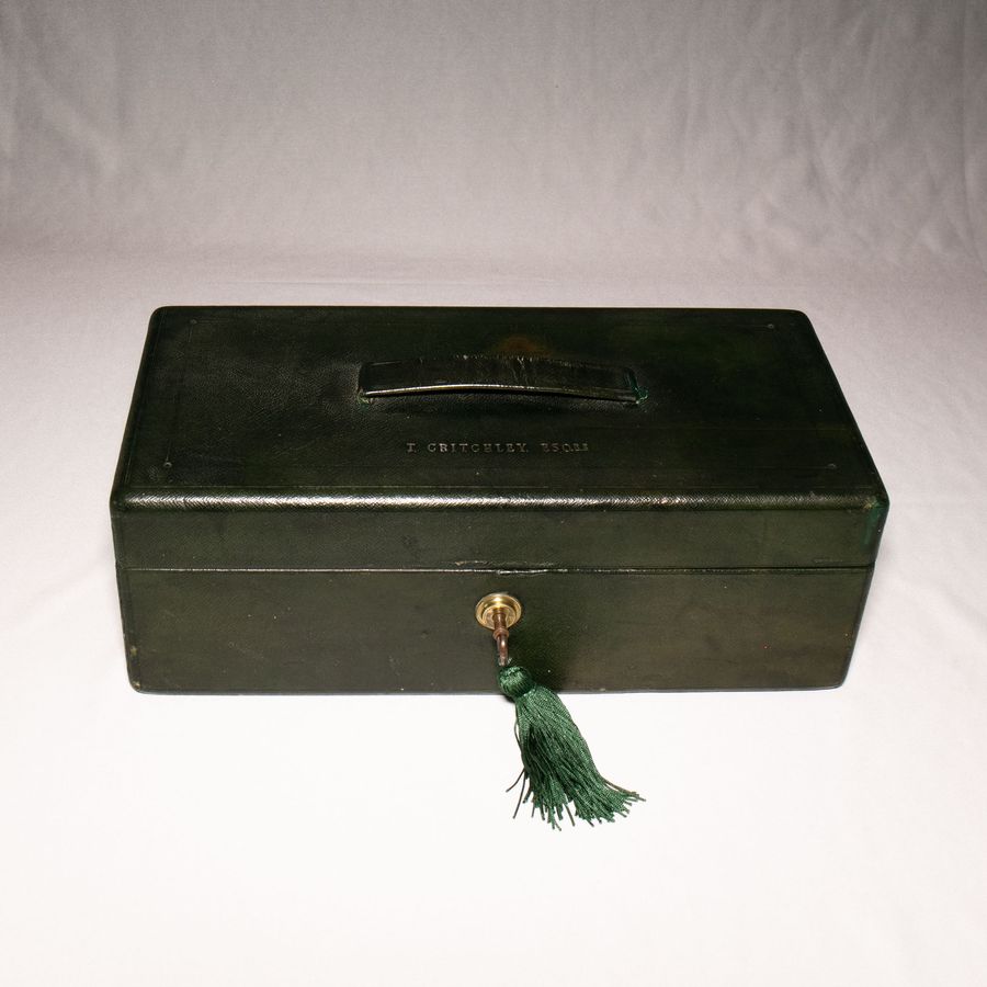 #10174 Bramah & Prestage. A Green Oblong Mid Victorian Despatch Box