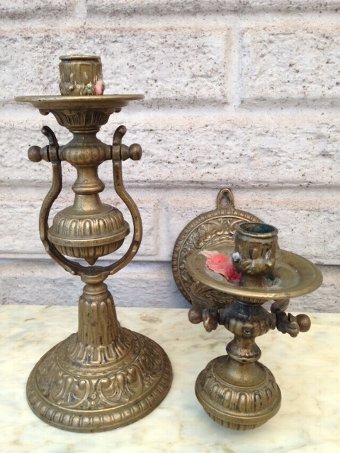 Extremely rare pair of early 19th century heavy cast brass and ornately decorated, ships swing- cradle candle holders