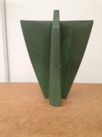Art-deco style 26cm by 23cm green V shaped sculpture by French Ceramics professor Claude Dumas.