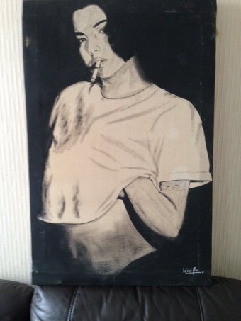 French and fabulously provocative 20th century black and white acrylic on canvas titled “Kiss Me” and dated 87.