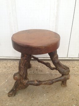 A skilfully crafted and quite unusual early 20th century solid round topped wooden stool with vine root legs.