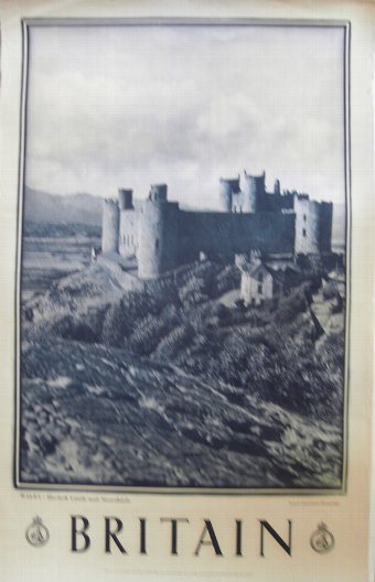 HARLECH CASTLE AND SNOWDONIA. TRAVEL POSTER