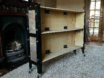 Rustic industrial book case cabinet shelves on wheels