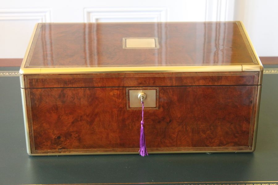 Magnificent quality large burr walnut and brass inlaid writing slope with secret drawers